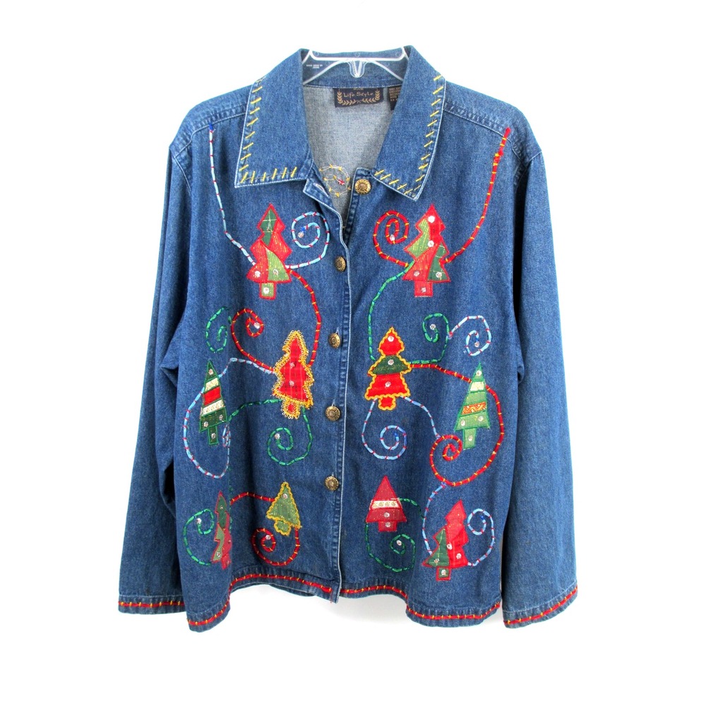 VTG Life Style Christmas Denim Button Up Blouse Womens XL Blue Embroidered Top